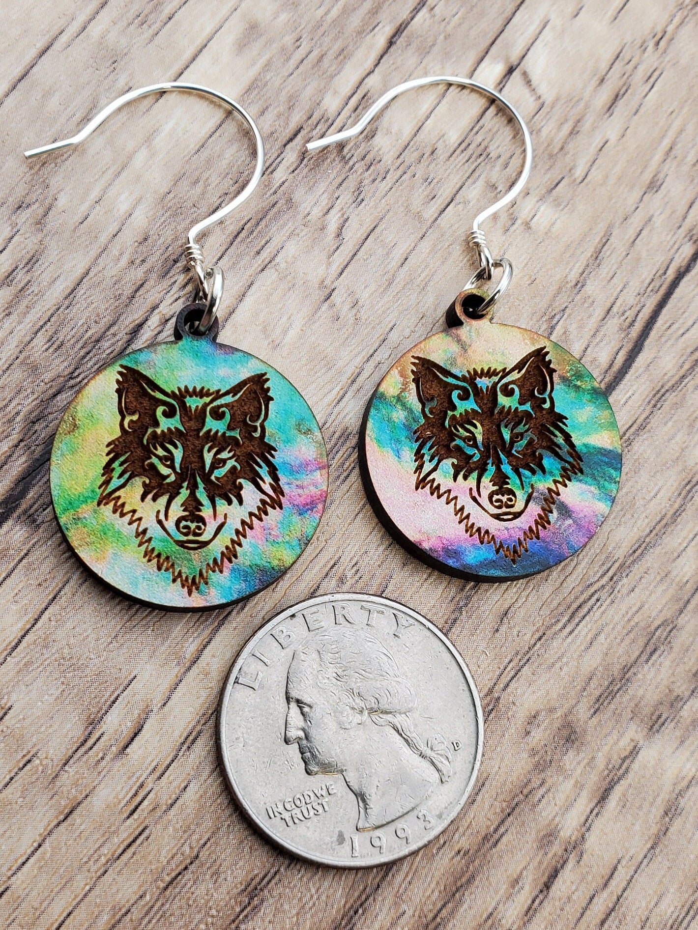 SS Colorful Wolf - Laser cut Lightweight Wood earrings - Sterling Silver Hooks