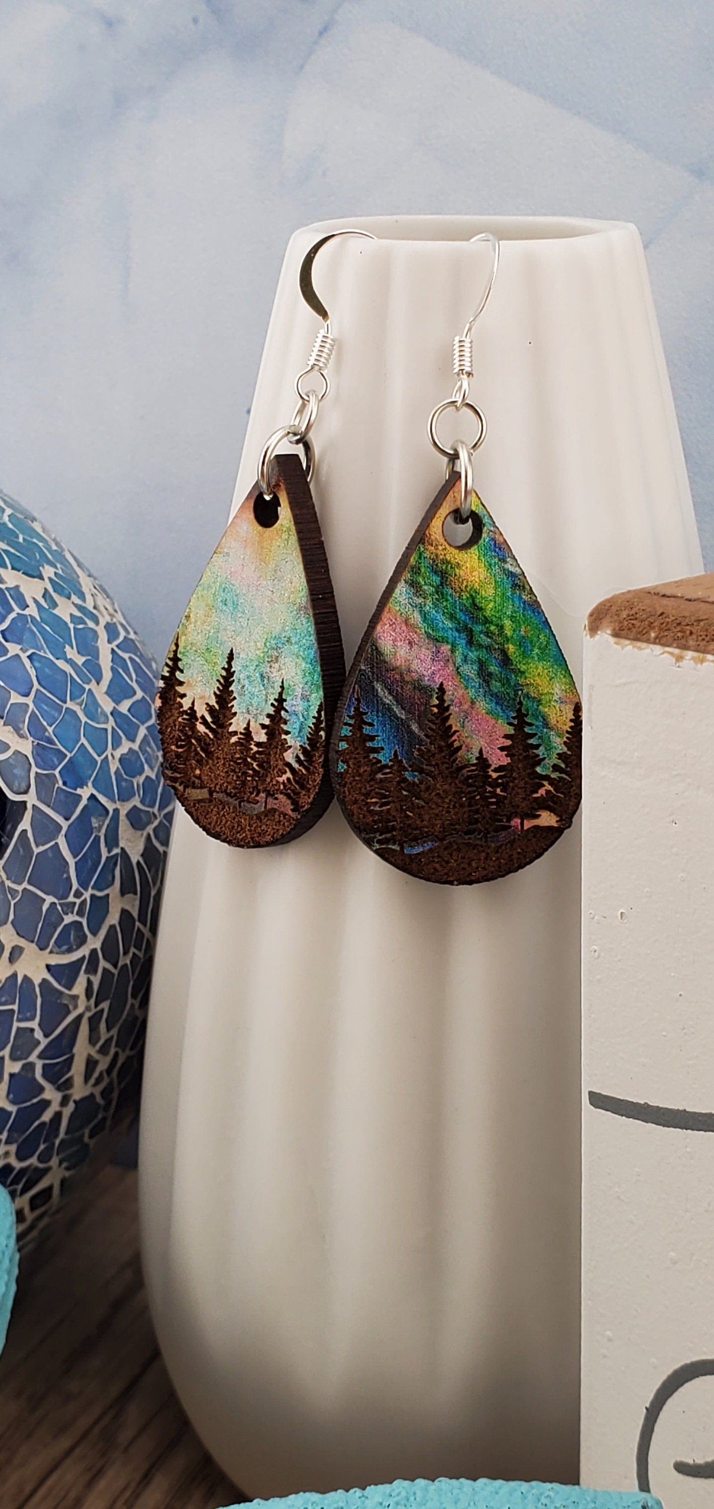 SP Colorful Tree Line earrings - Laser cut Lightweight Wood earrings - Silver Plated Hooks