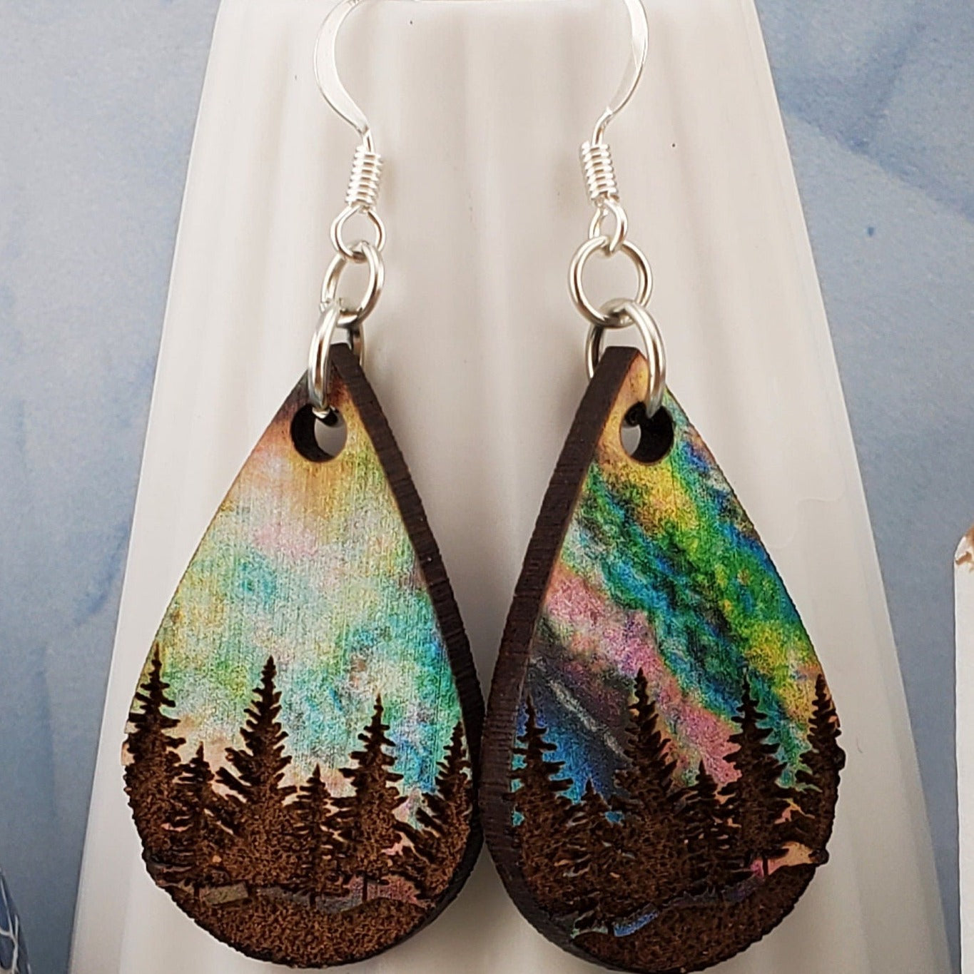 SP Colorful Tree Line earrings - Laser cut Lightweight Wood earrings - Silver Plated Hooks