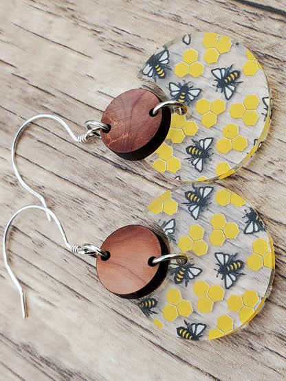 SS Honey Bee Dangle Earrings - Laser cut Lightweight Wood and Acrylic earrings - Sterling Silver Hooks