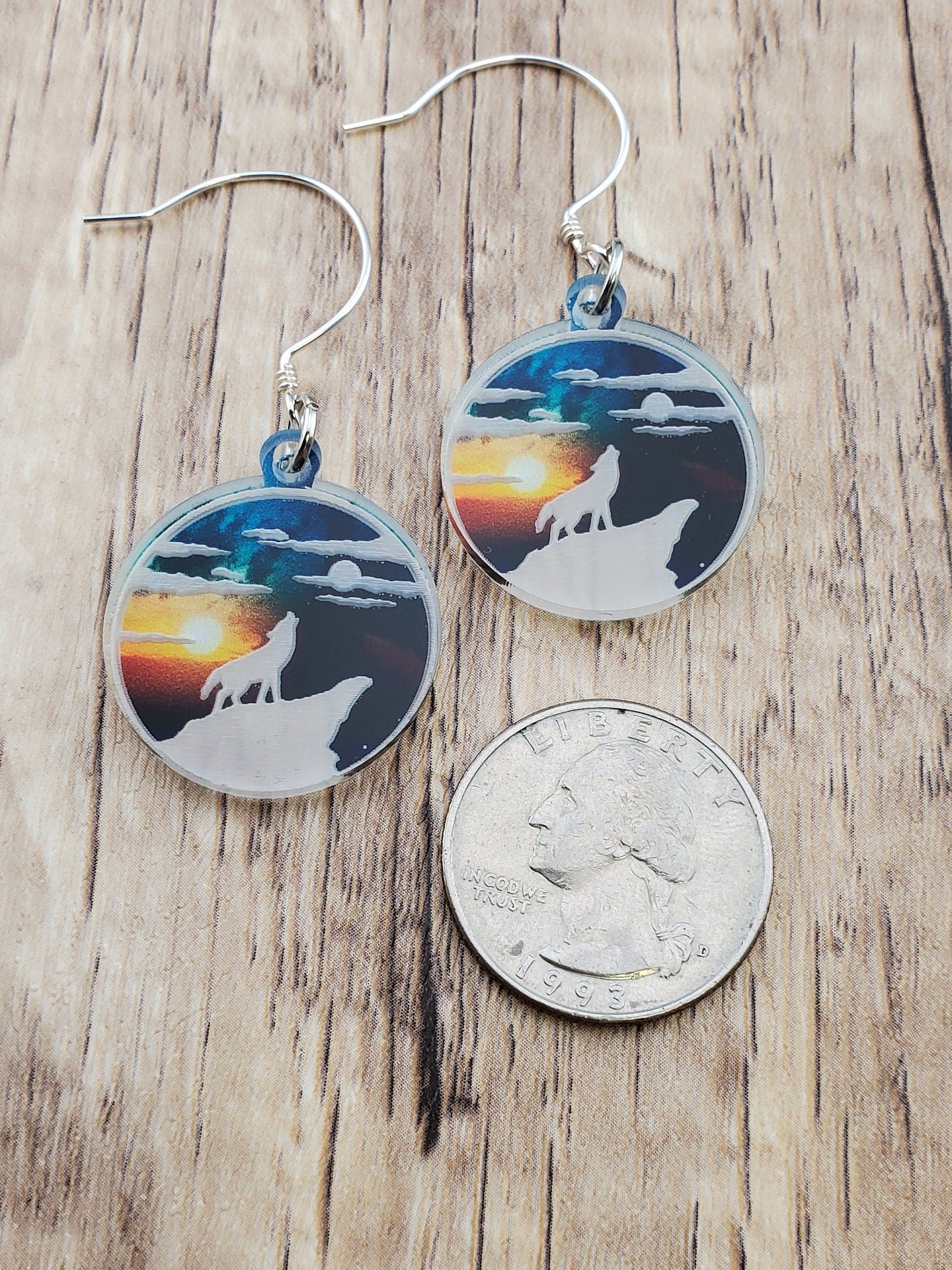 SS Howling Wolf- Sunset Sky earrings - Laser cut Lightweight Acrylic earrings - Sterling Silver Hooks