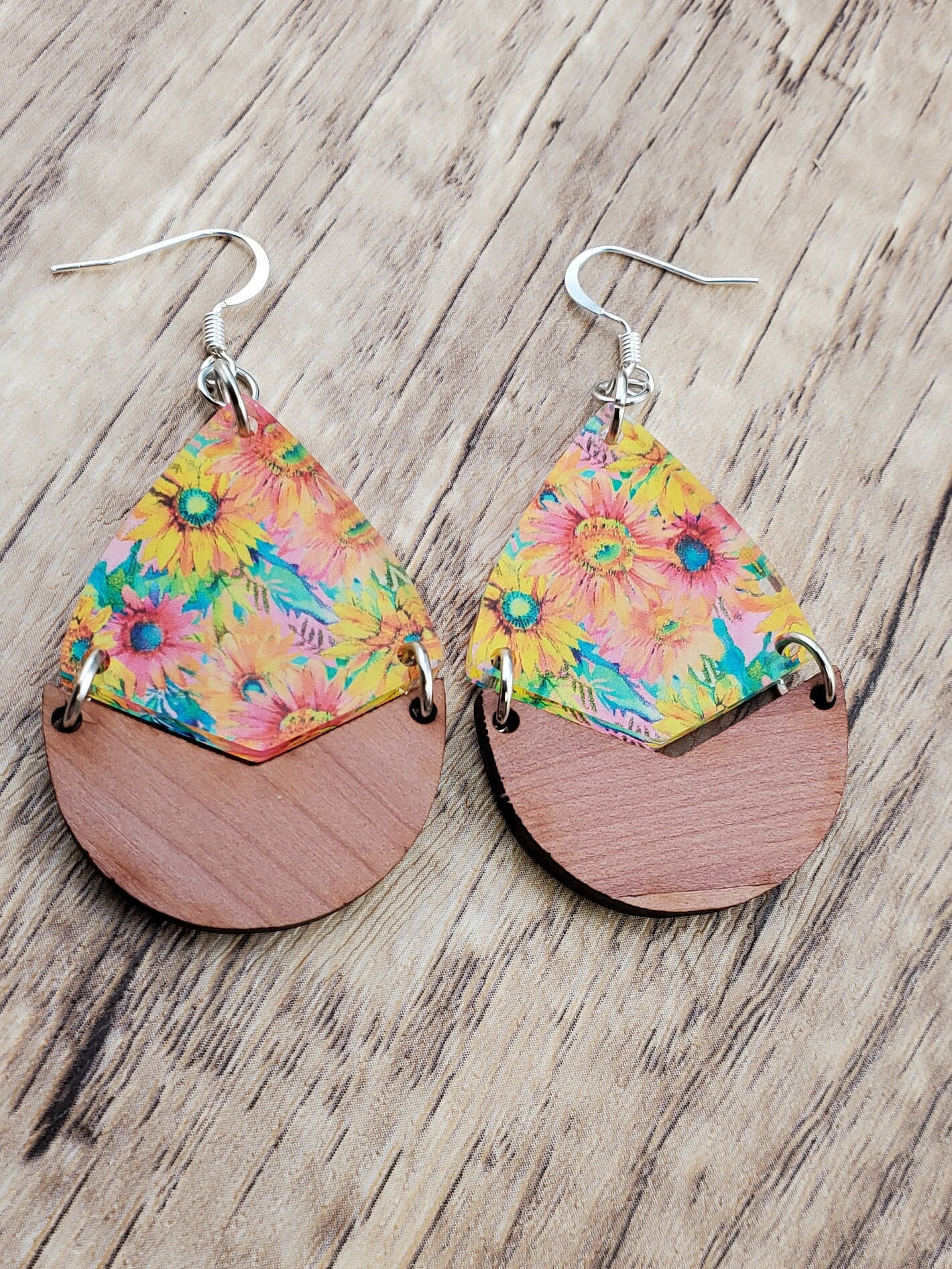 SP Autumn Floral Dangle Earrings - Laser cut Lightweight Wood and Acrylic earrings - Silver Plated Hooks