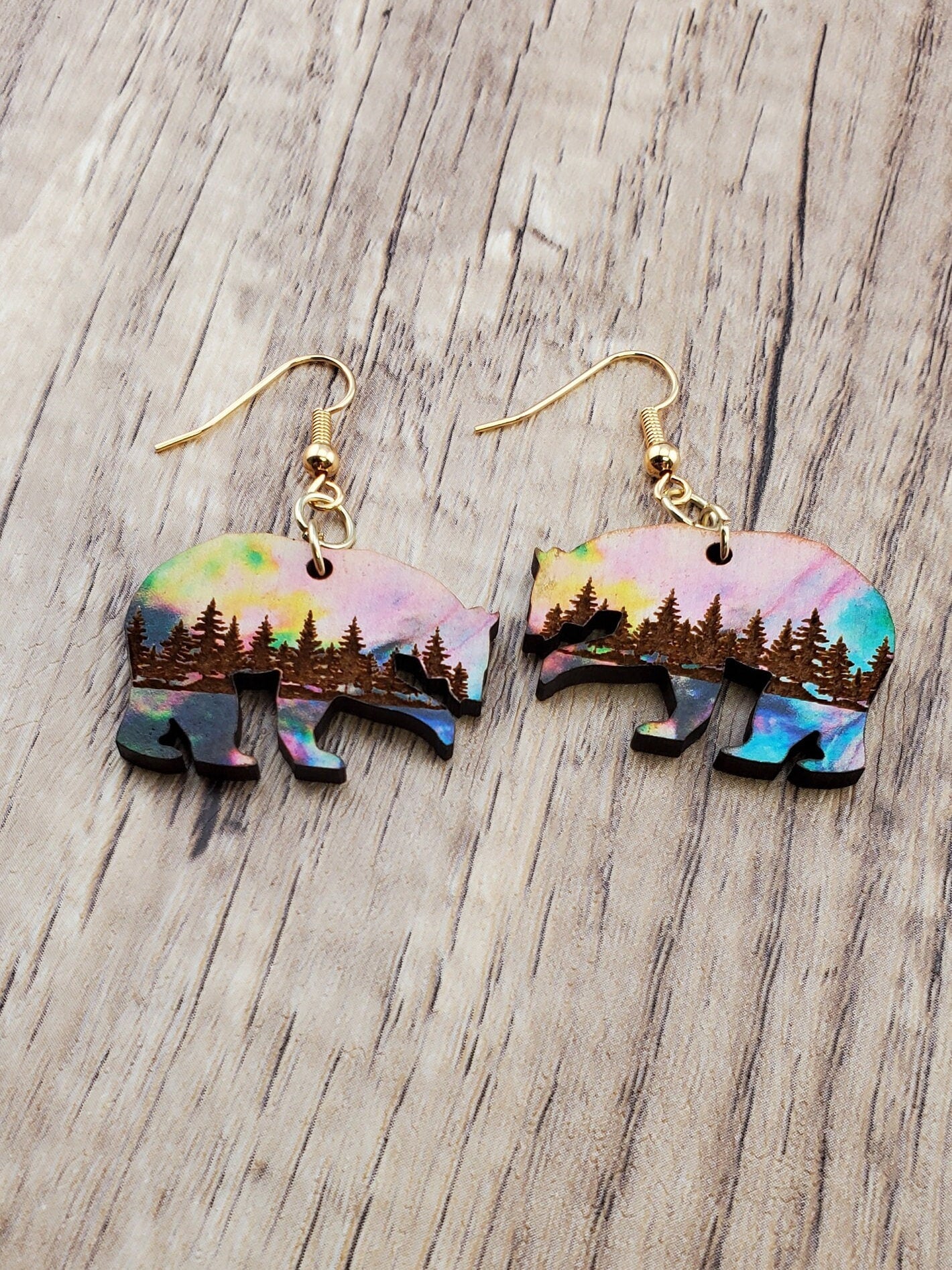 GP Northern Lights Polar Bear - Laser cut Lightweight Wood earrings - Gold Plated Hooks