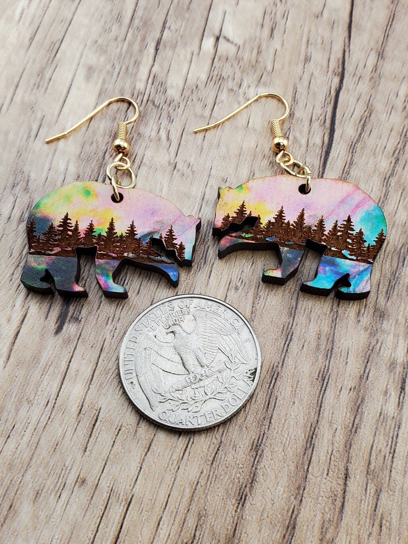 GP Northern Lights Polar Bear - Laser cut Lightweight Wood earrings - Gold Plated Hooks