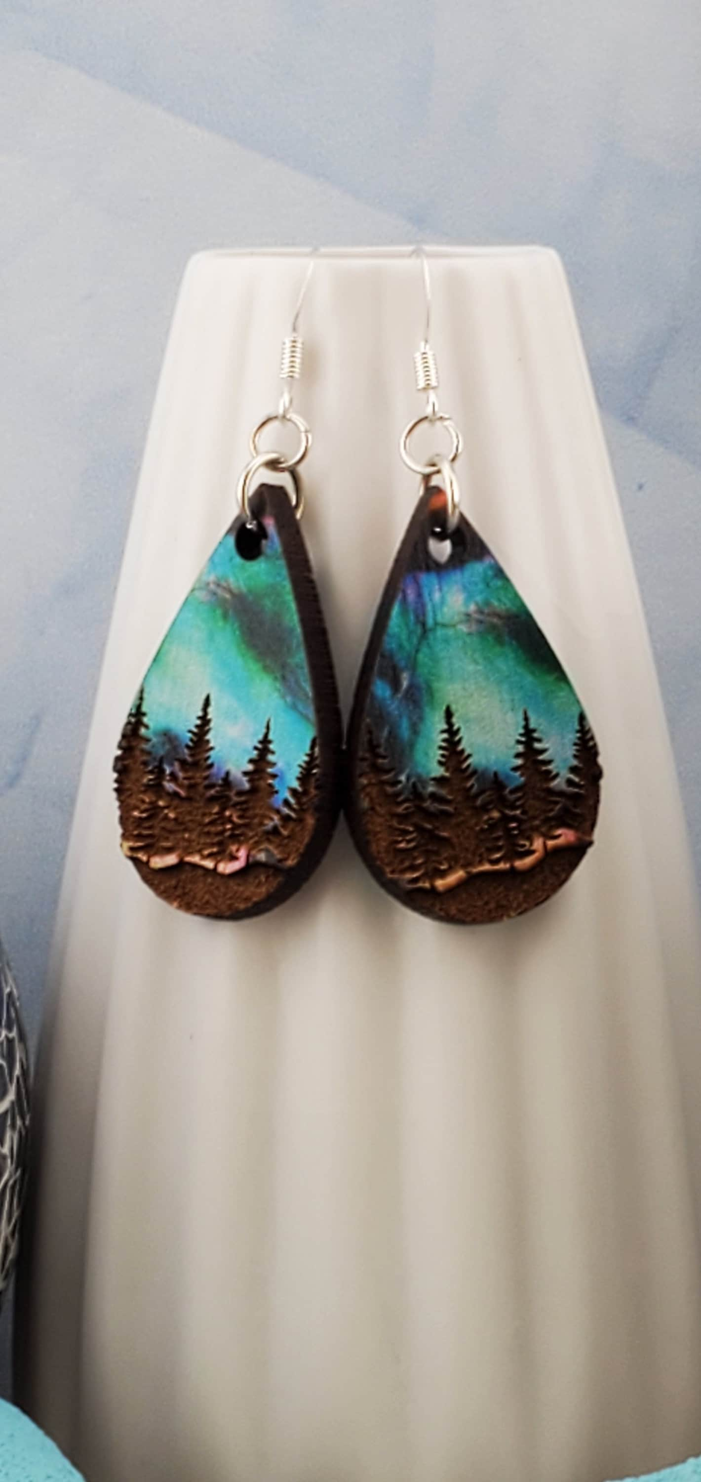 SP Northern Lights Tree Line earrings - Laser cut Lightweight Wood earrings - Silver Plated Hooks