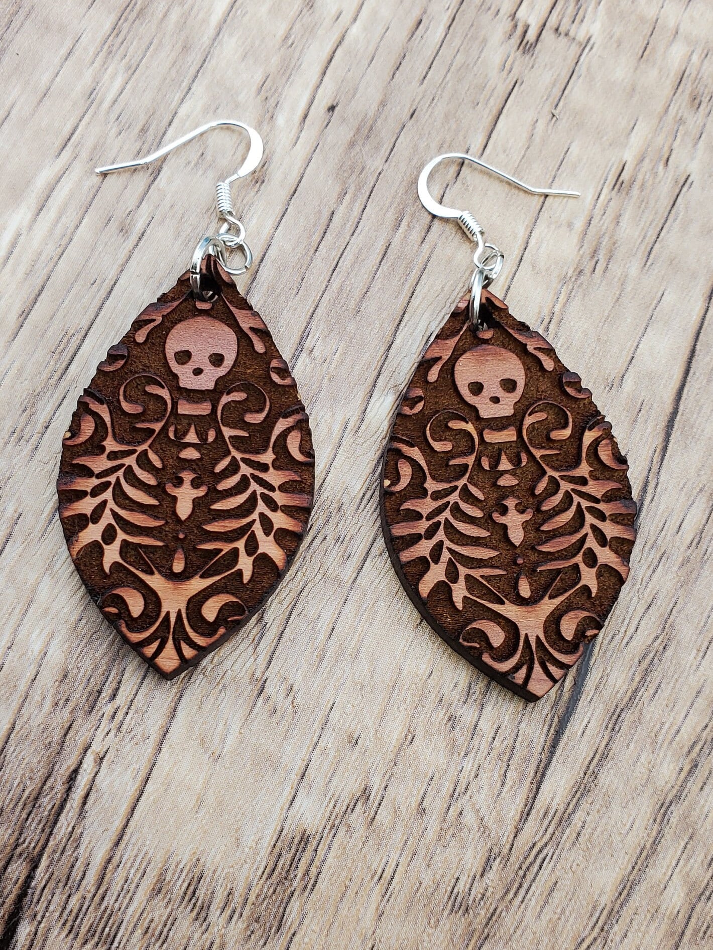 SP Day of the Dead Skull earrings - Laser cut Lightweight Wood earrings - Silver Plated Hooks