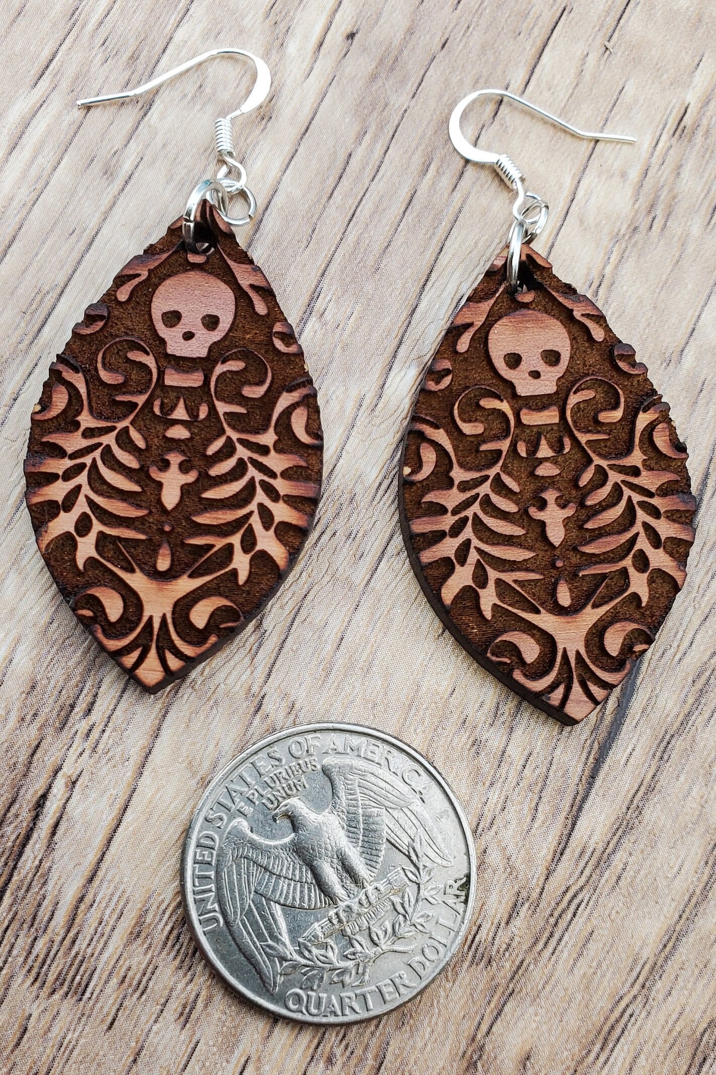 SP Day of the Dead Skull earrings - Laser cut Lightweight Wood earrings - Silver Plated Hooks