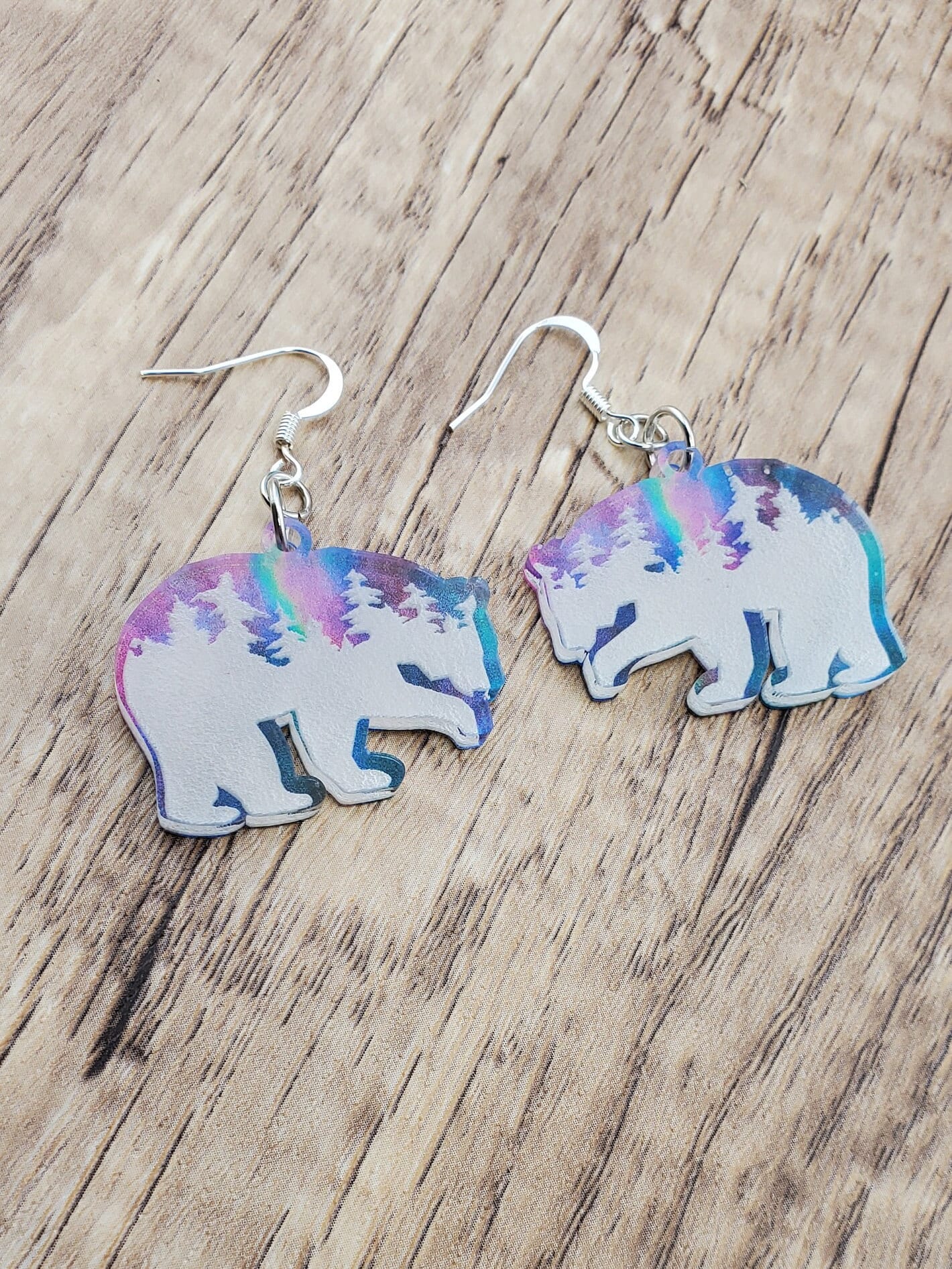 SP Northern Light Treeline Polar Bear earrings - Laser cut Lightweight Acrylic earrings - Silver Plated Hooks