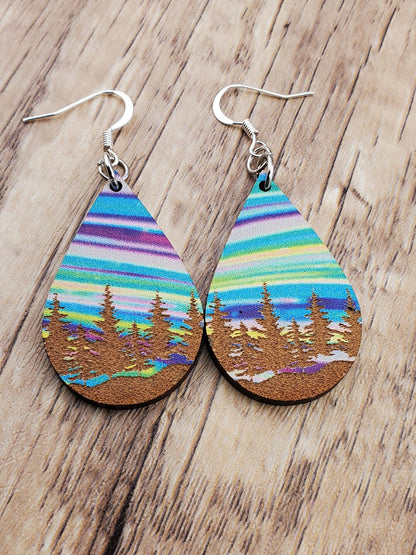 SP Colorful Tree Line earrings - Laser cut Lightweight Wood earrings - Silver Plated Hooks