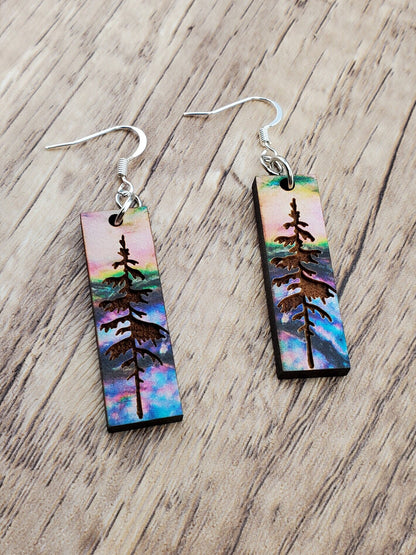 SP Colorful Mountain Sky and Tree earrings - Laser cut Lightweight Wood earrings - Silver Plated Hooks