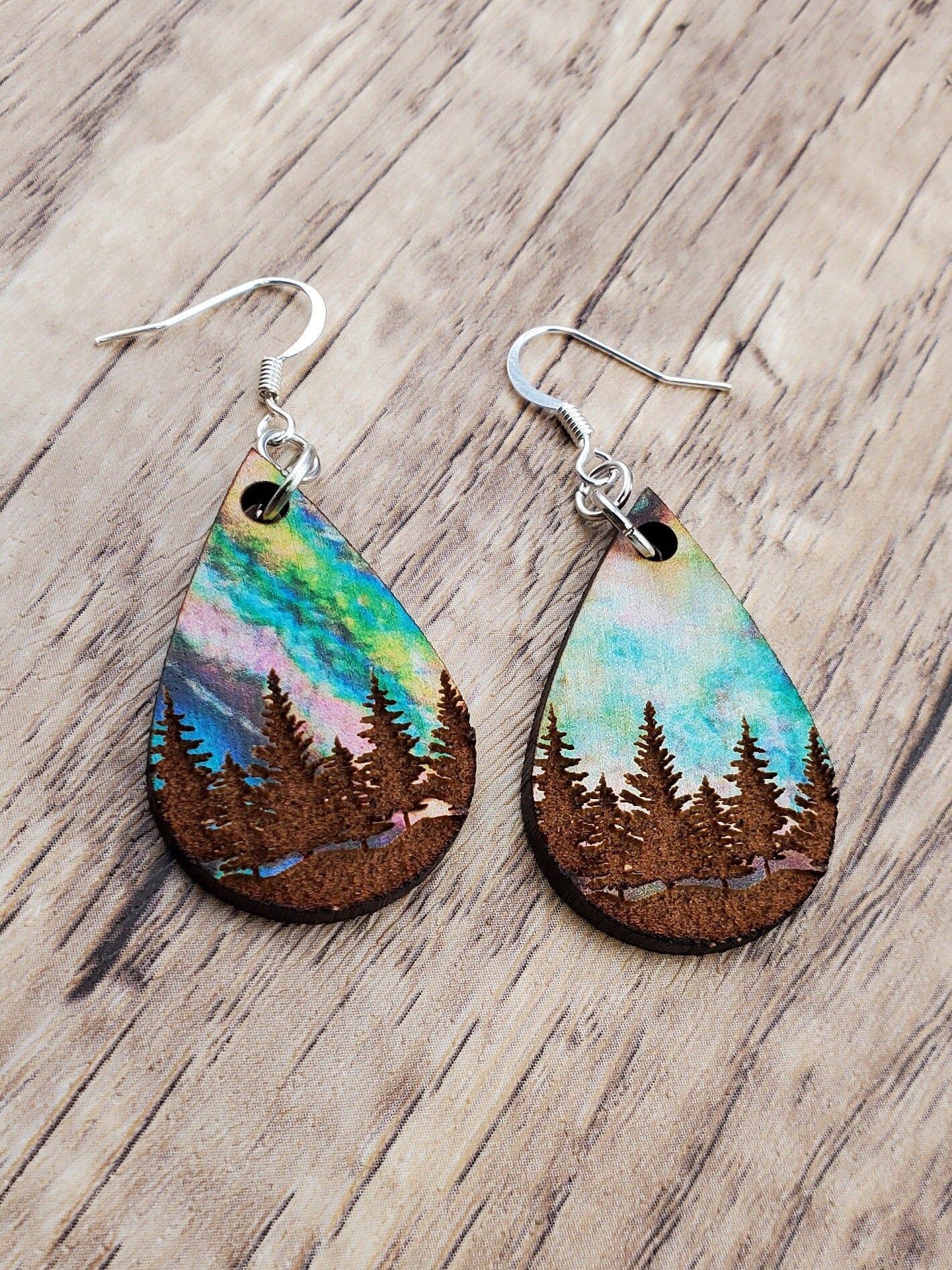 SP Colorful Tree Line earrings - Laser cut Lightweight Wood earrings - Silver Plated Hooks