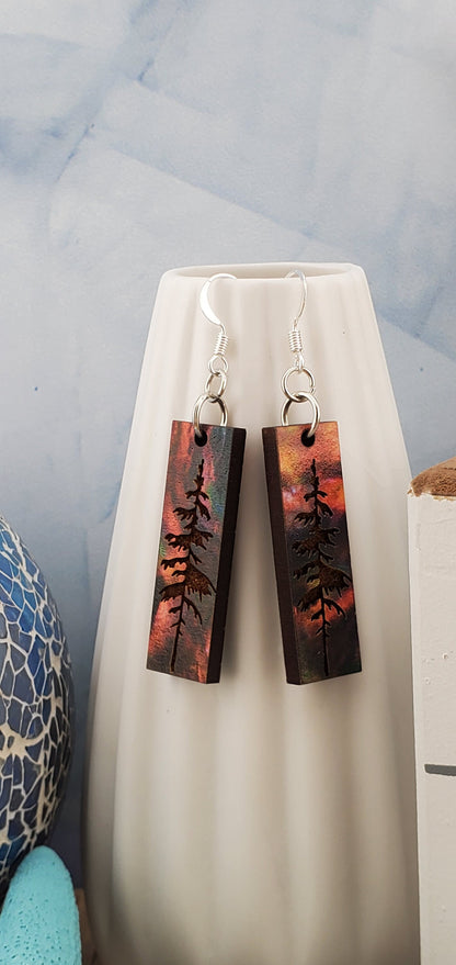 SP Harvest Mountain Sky and Tree earrings - Laser cut Lightweight Wood earrings - Silver Plated Hooks