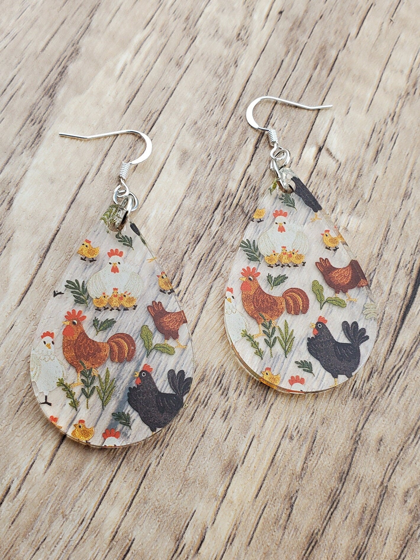 SP Feathered Friends - Chickens - Laser cut Lightweight Acrylic earrings - Silver Plated Hooks