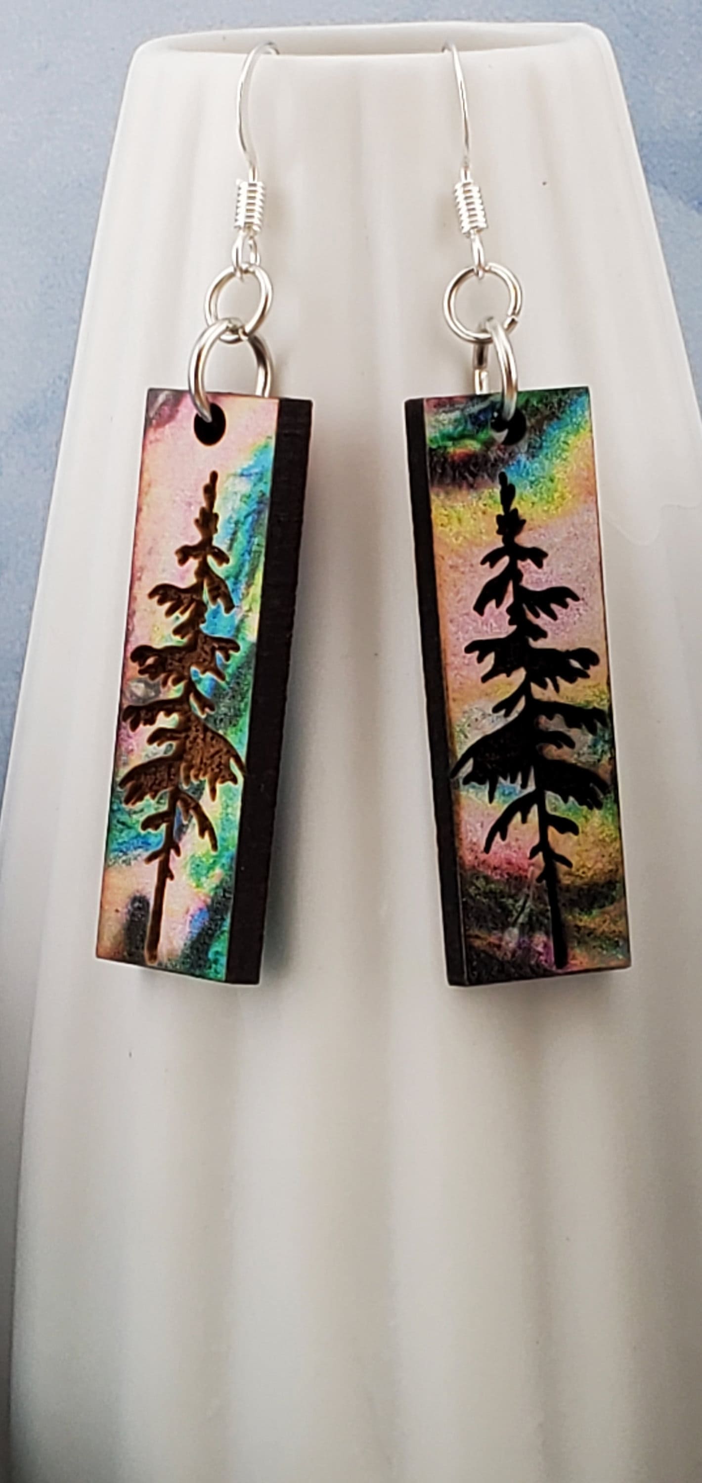 SP Colorful Mountain Sky and Tree earrings - Laser cut Lightweight Wood earrings - Silver Plated Hooks