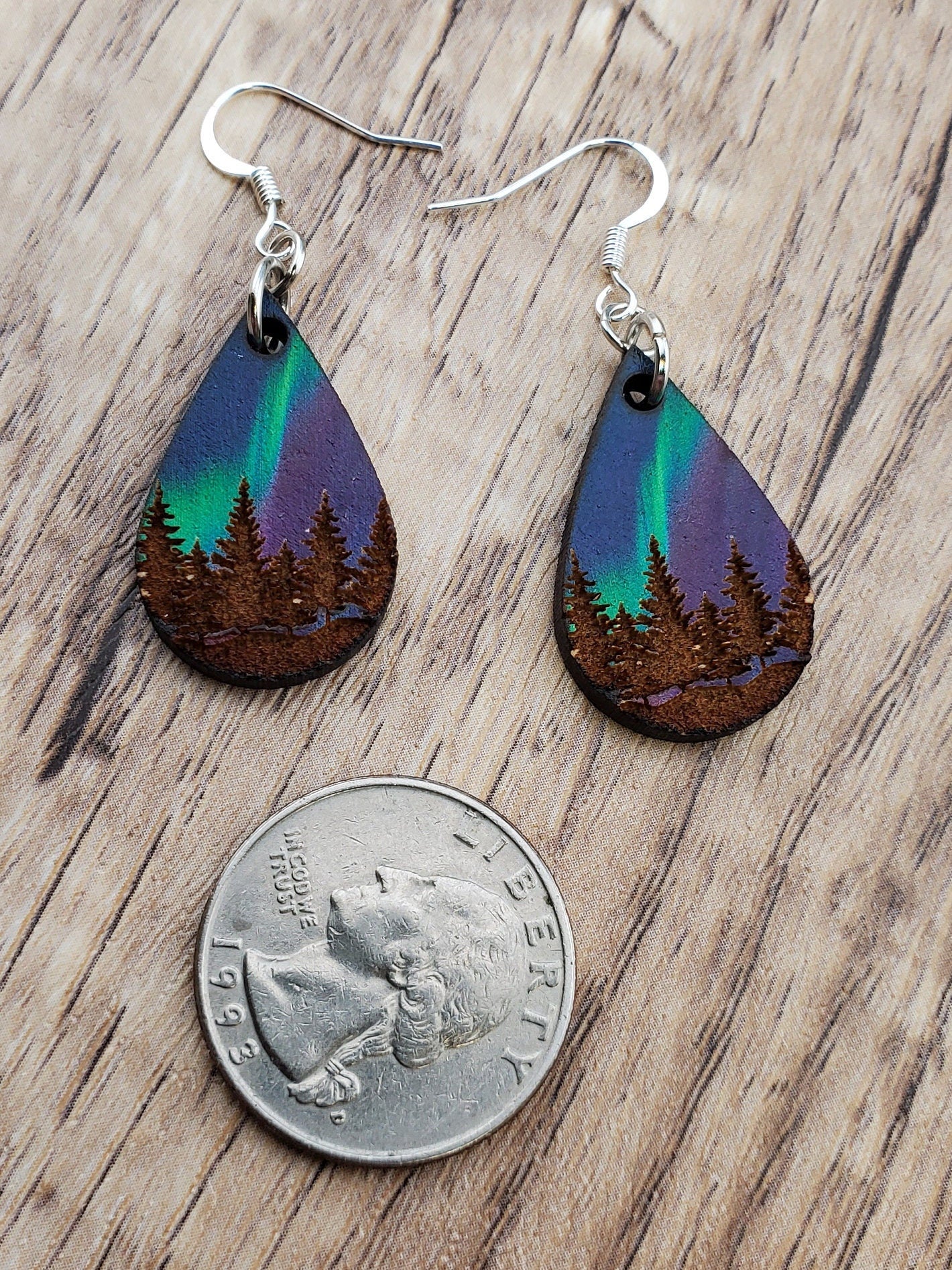 SP Northern Light sky Treeline earrings - Laser cut Lightweight Wood earrings - Silver Plated Hooks