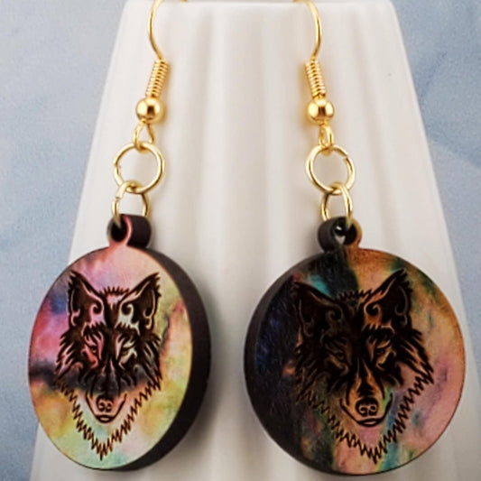 GP Colorful Wolf - Laser cut Lightweight Wood earrings - Gold Plated Hooks