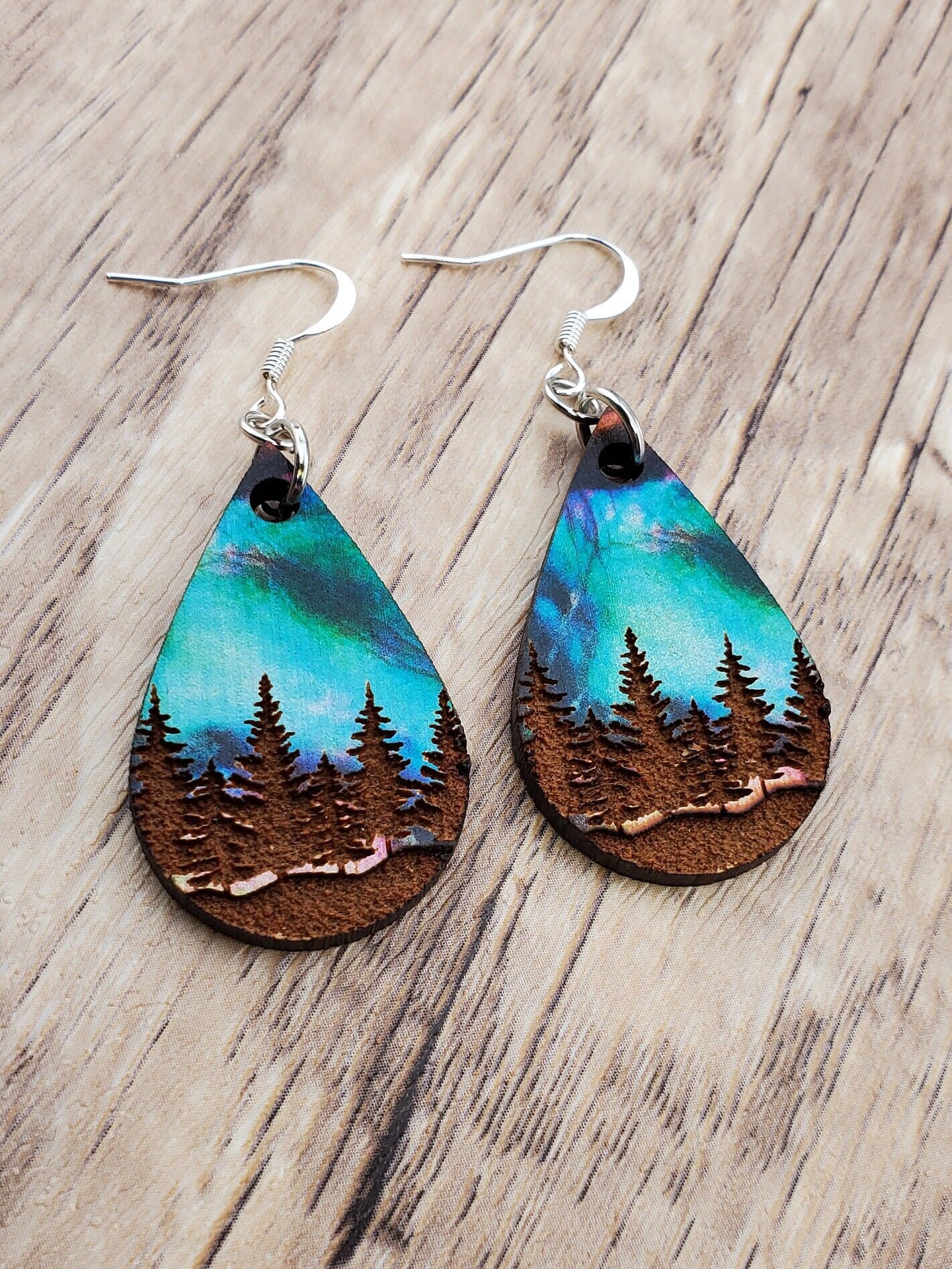 SP Northern Lights Tree Line earrings - Laser cut Lightweight Wood earrings - Silver Plated Hooks