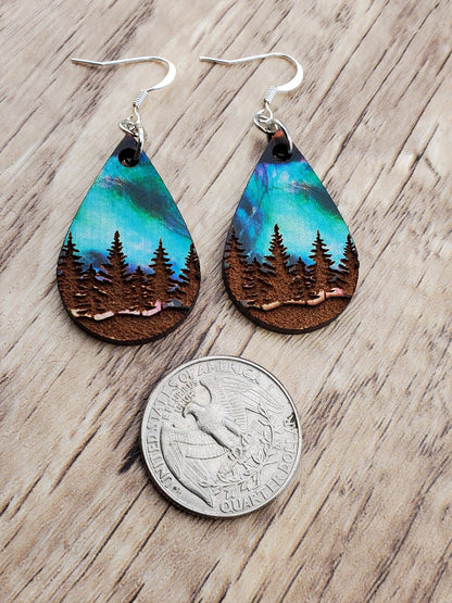 SP Northern Lights Tree Line earrings - Laser cut Lightweight Wood earrings - Silver Plated Hooks