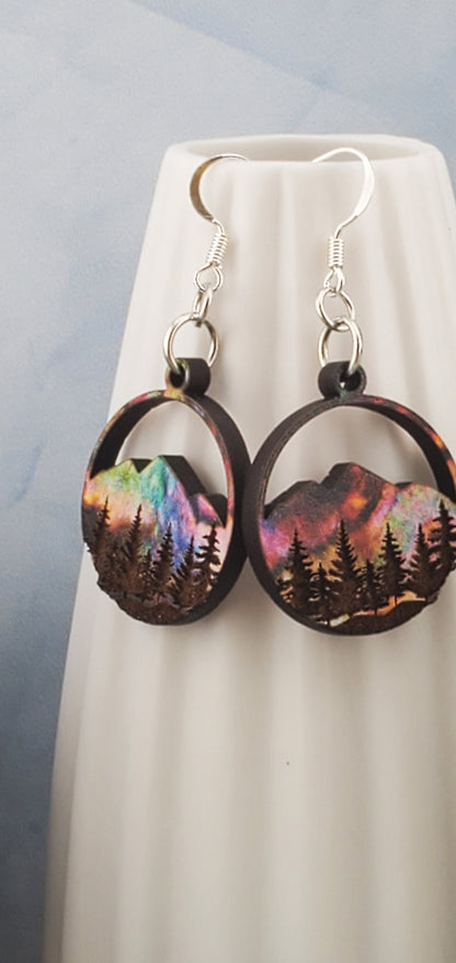 SP Northern Lights over Mountains and Forest - Laser cut Lightweight Wood earrings - Silver Plated Hooks