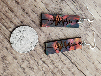 SP Harvest Mountain Sky and Tree earrings - Laser cut Lightweight Wood earrings - Silver Plated Hooks