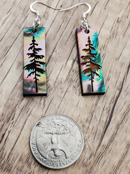 SP Colorful Mountain Sky and Tree earrings - Laser cut Lightweight Wood earrings - Silver Plated Hooks