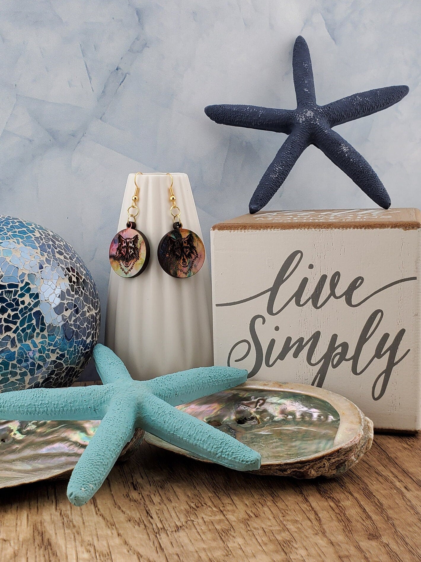 GP Colorful Wolf - Laser cut Lightweight Wood earrings - Gold Plated Hooks