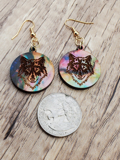 GP Colorful Wolf - Laser cut Lightweight Wood earrings - Gold Plated Hooks