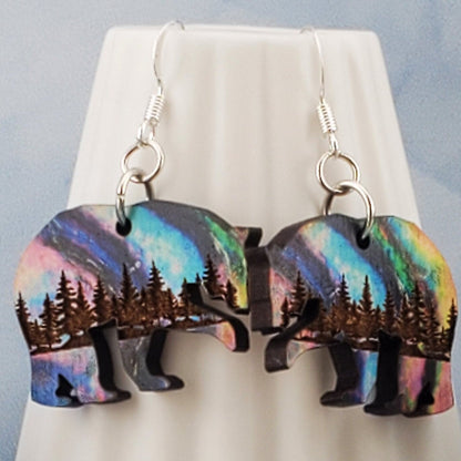 SP Northern Lights Polar Bear - Laser cut Lightweight Wood earrings - Silver Plated Hooks