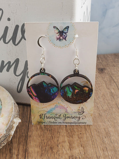 SP Northern Lights over Mountains and Forest - Laser cut Lightweight Wood earrings - Silver Plated Hooks