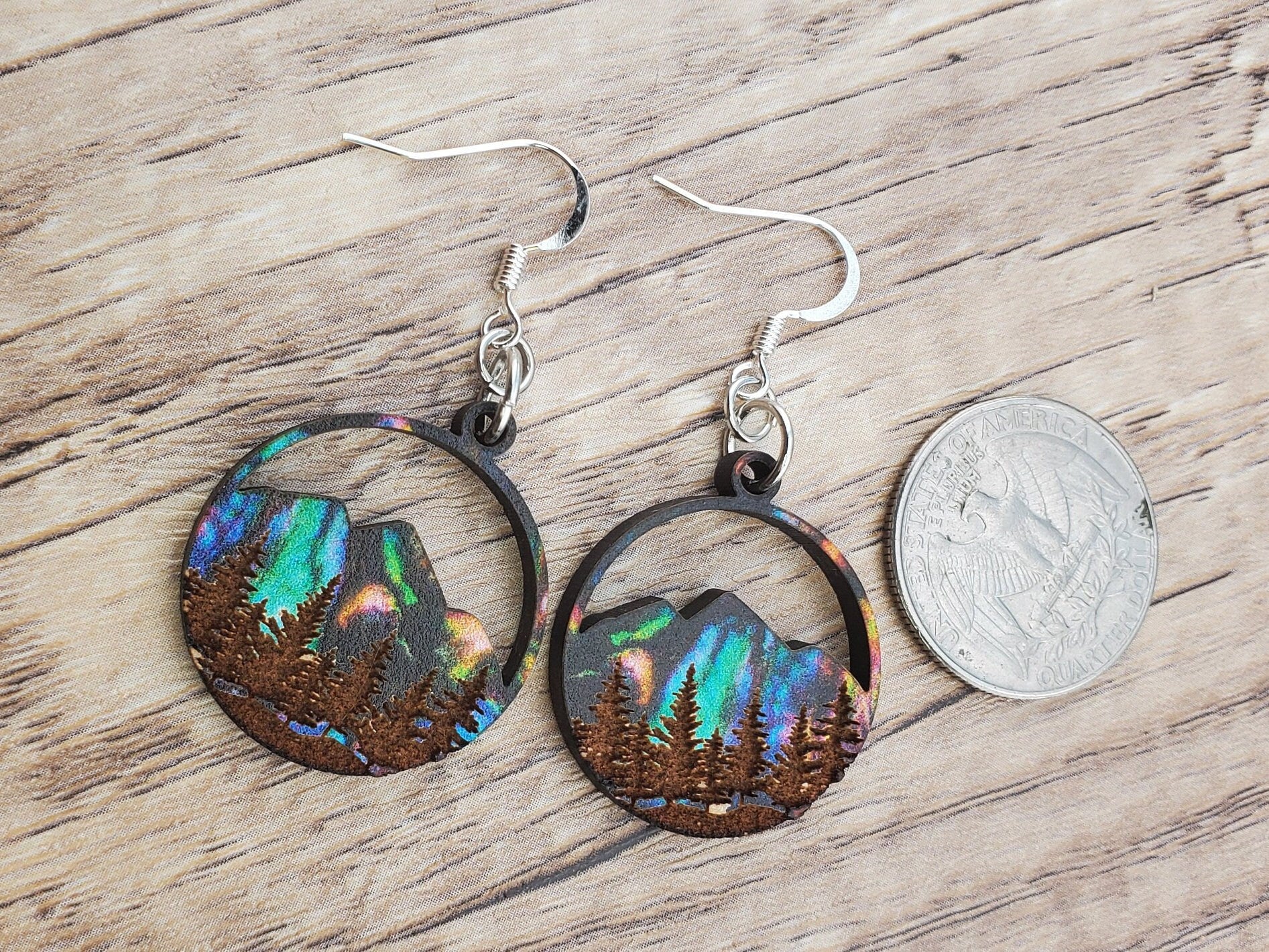 SP Northern Lights over Mountains and Forest - Laser cut Lightweight Wood earrings - Silver Plated Hooks
