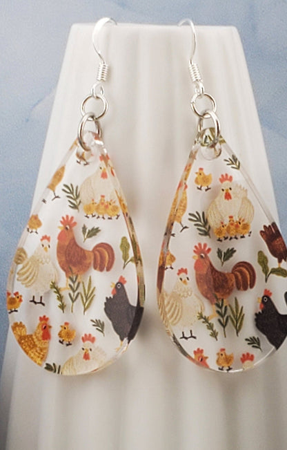 SP Feathered Friends - Chickens - Laser cut Lightweight Acrylic earrings - Silver Plated Hooks