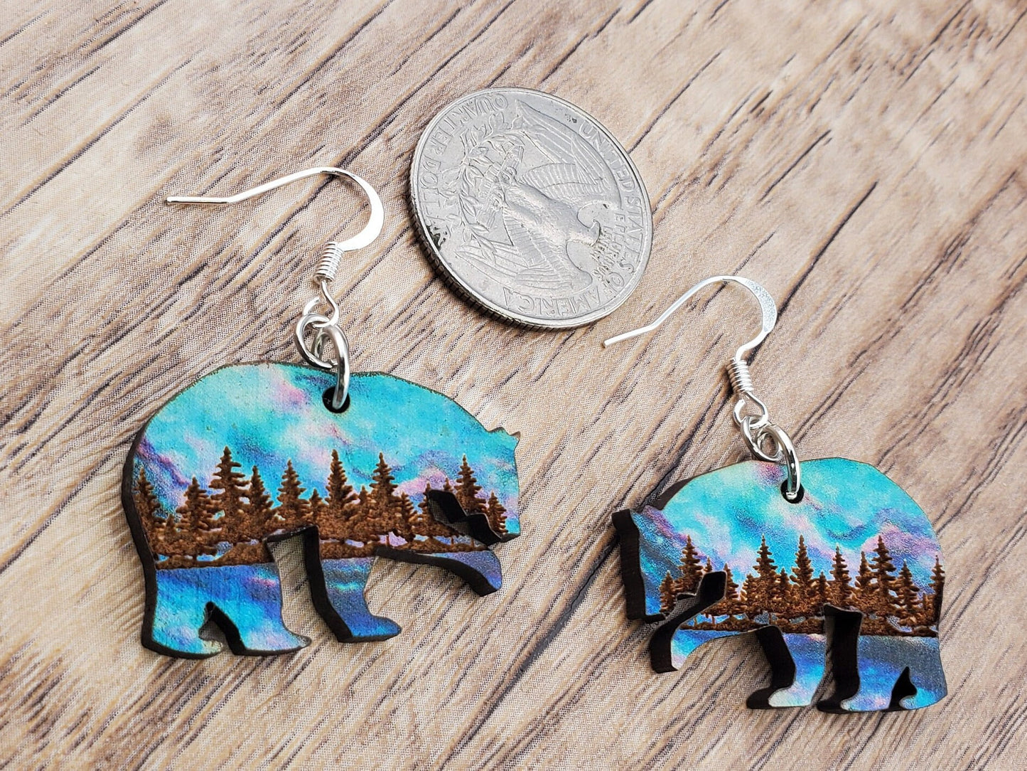 SP Northern Lights Polar Bear - Laser cut Lightweight Wood earrings - Silver Plated Hooks