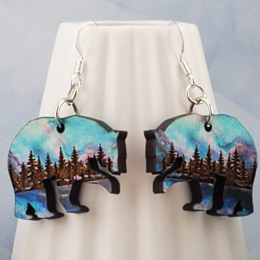 SP Northern Lights Polar Bear - Laser cut Lightweight Wood earrings - Silver Plated Hooks