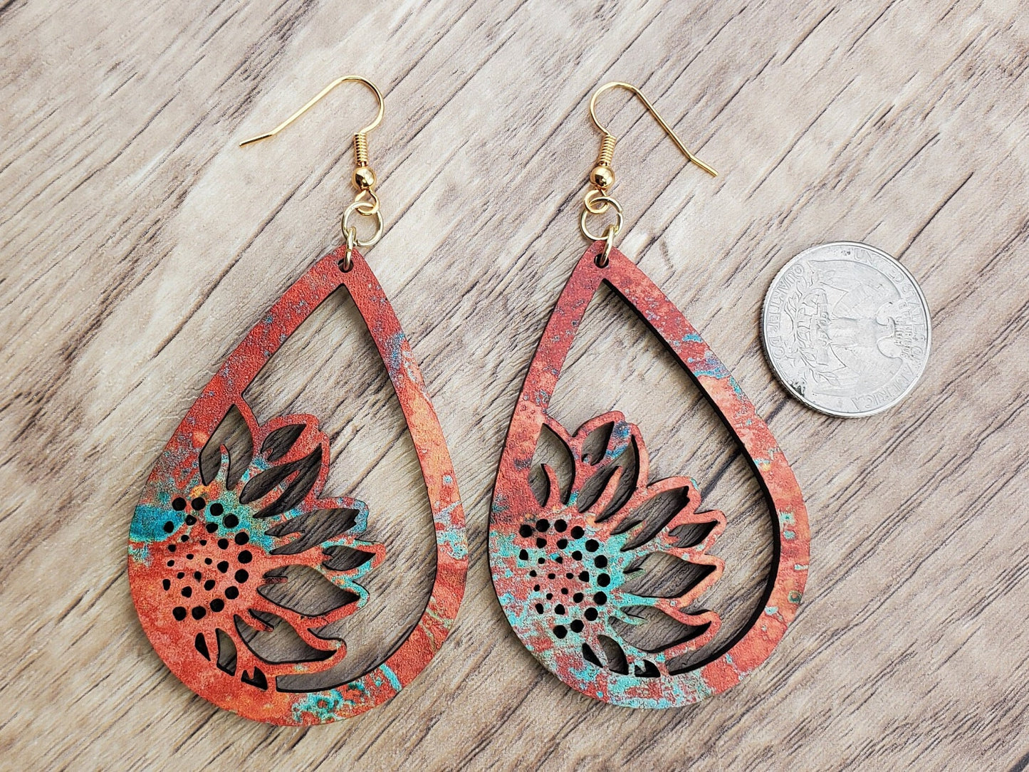 GP Autumn Sunflower - Laser cut Lightweight Wood earrings - Gold Plated Hooks