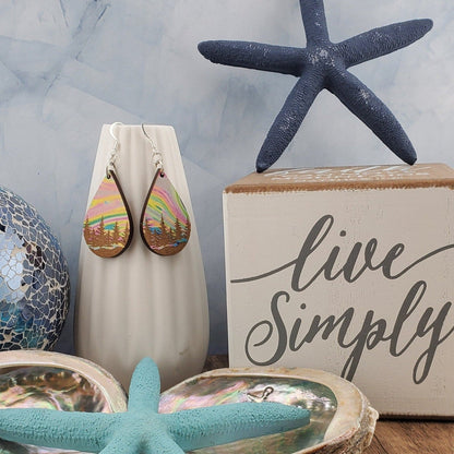 SP Colorful Tree Line earrings - Laser cut Lightweight Wood earrings - Silver Plated Hooks