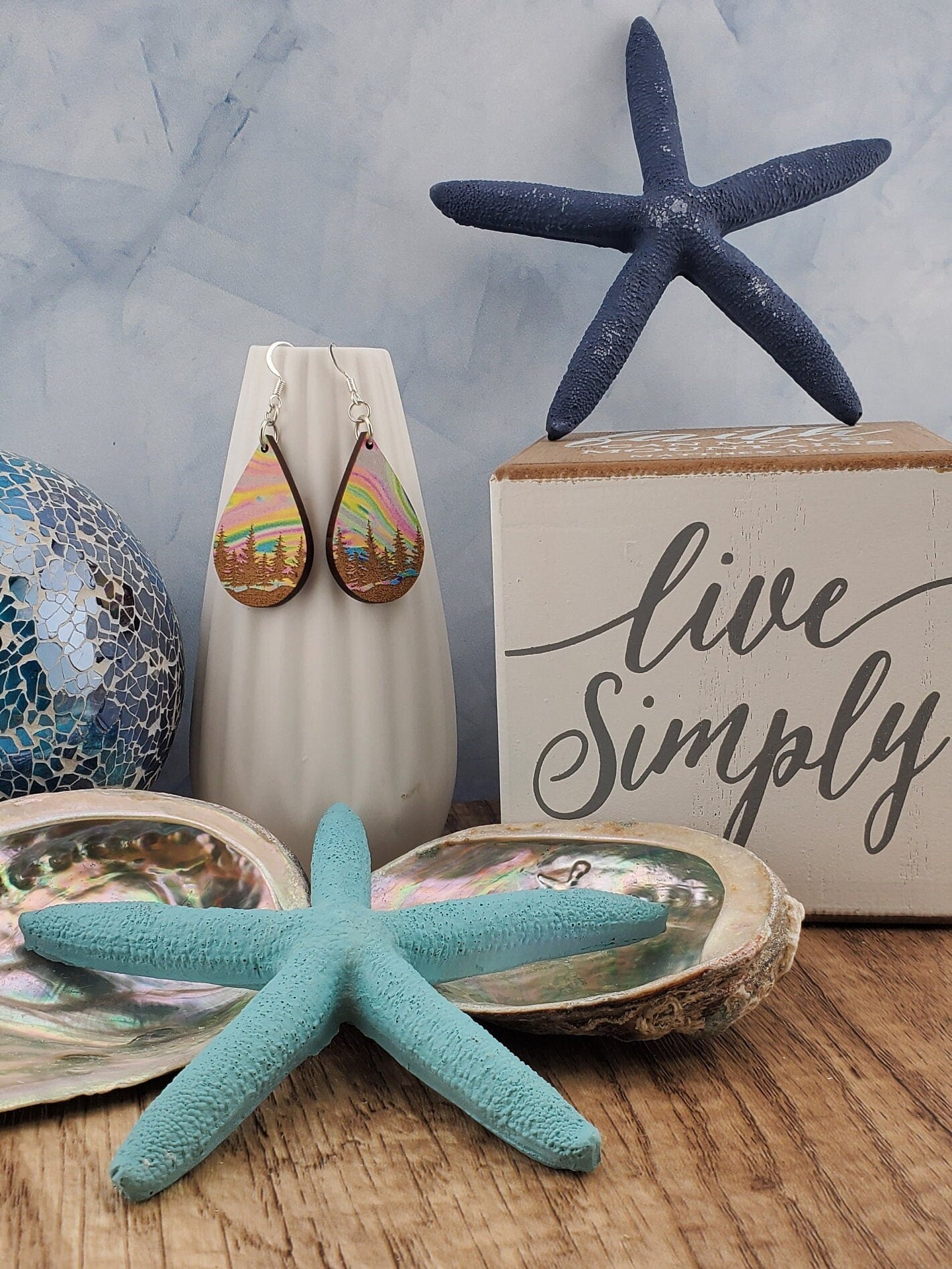 SP Colorful Tree Line earrings - Laser cut Lightweight Wood earrings - Silver Plated Hooks