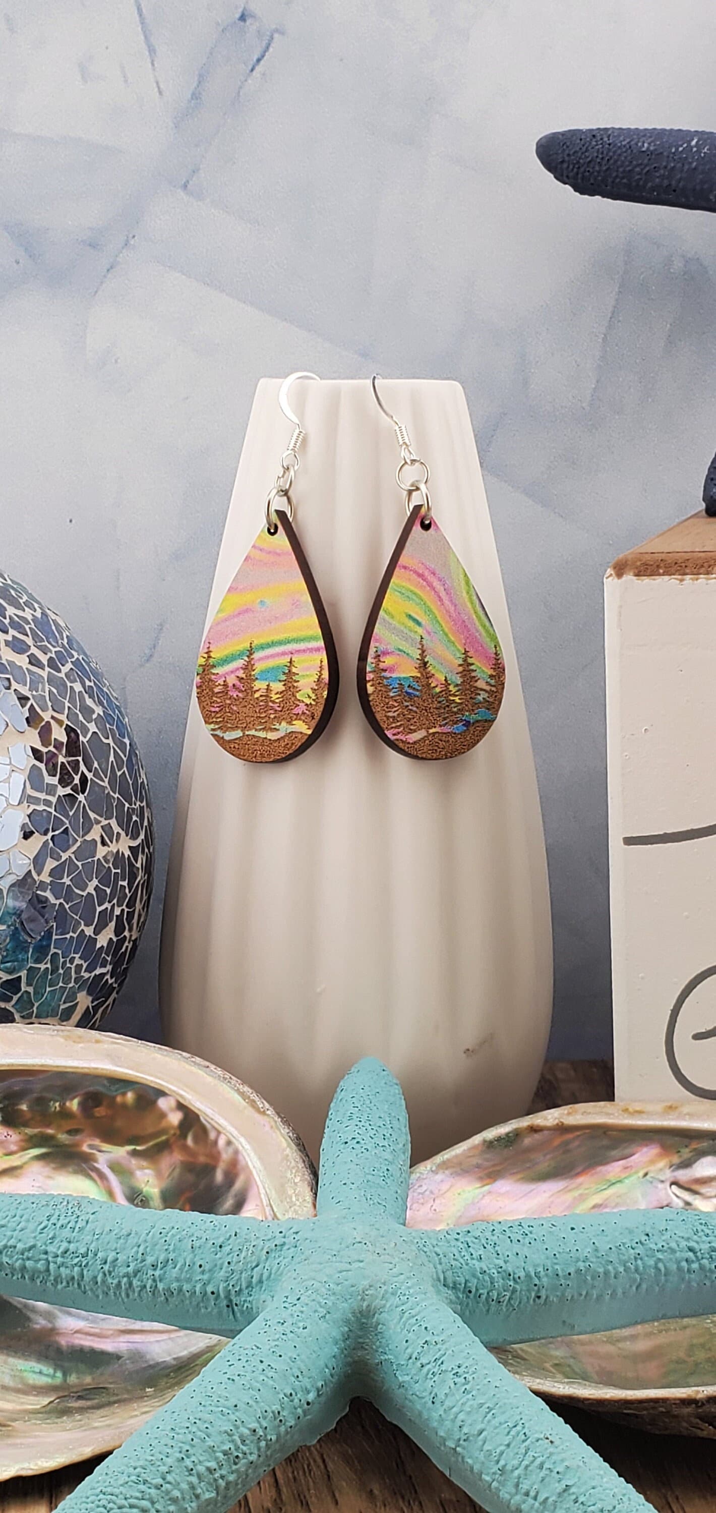 SP Colorful Tree Line earrings - Laser cut Lightweight Wood earrings - Silver Plated Hooks