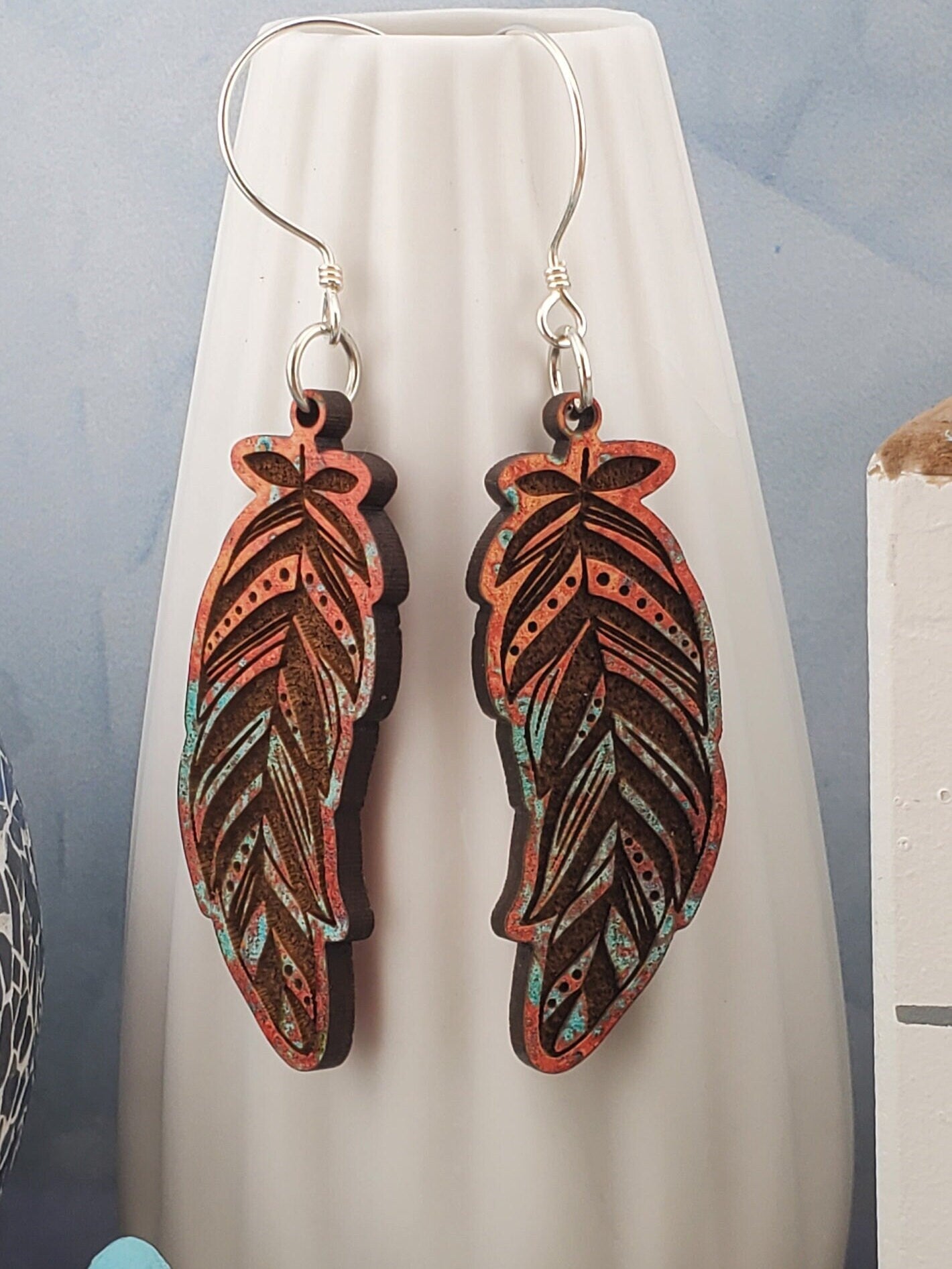 Fall Feather - Laser cut Lightweight Wood earrings - Sterling Silver Hooks