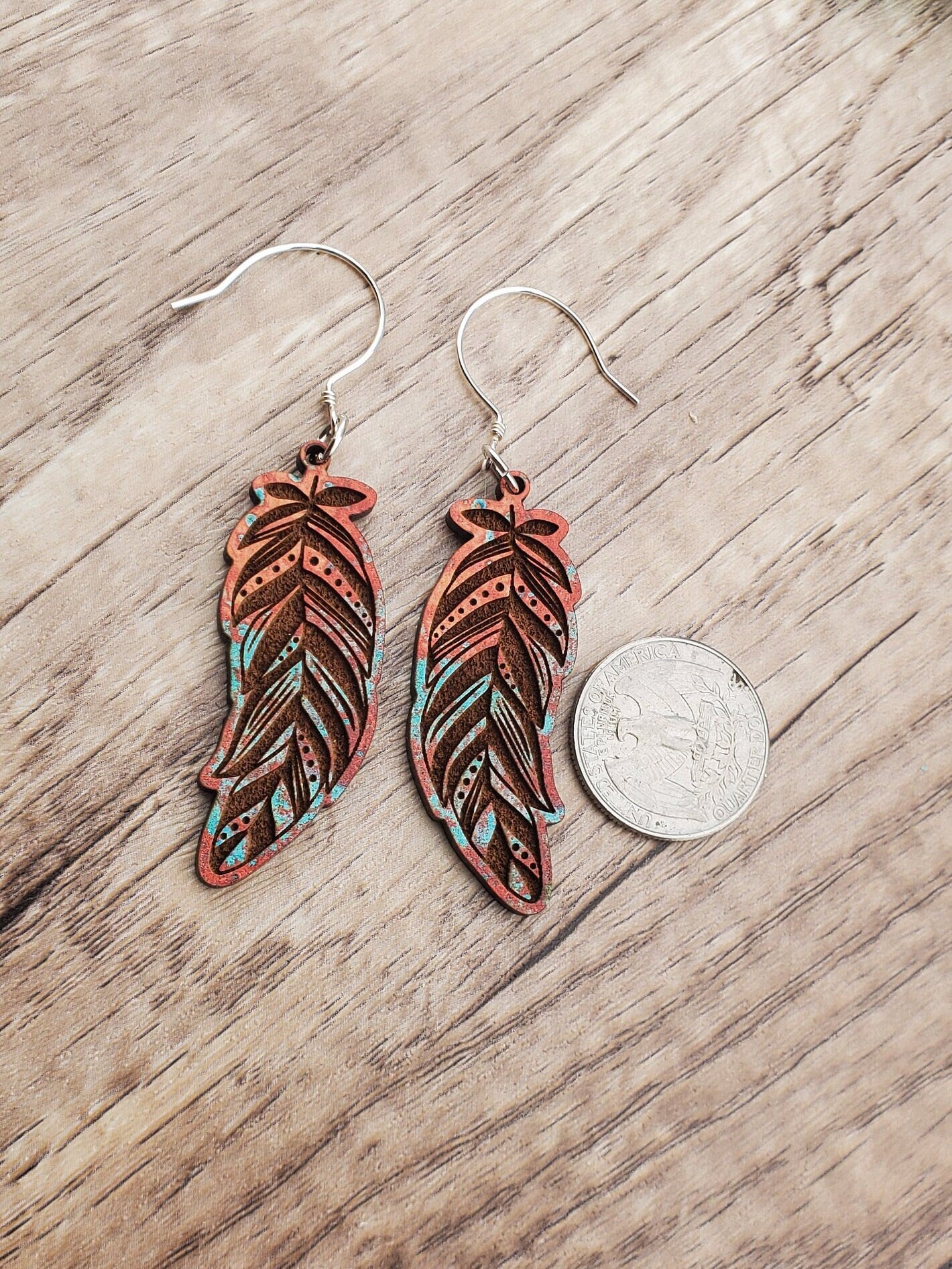 Fall Feather - Laser cut Lightweight Wood earrings - Sterling Silver Hooks