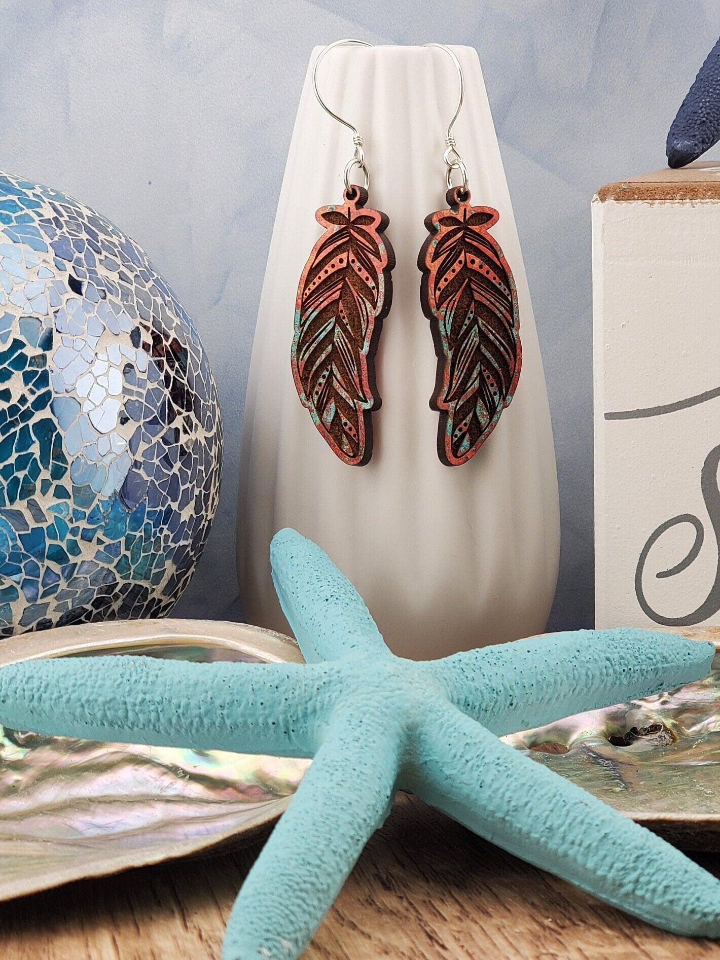 Fall Feather - Laser cut Lightweight Wood earrings - Sterling Silver Hooks