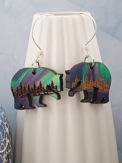 Northern Lights Polar Bear - Laser cut Lightweight Wood earrings - Sterling Silver Hooks