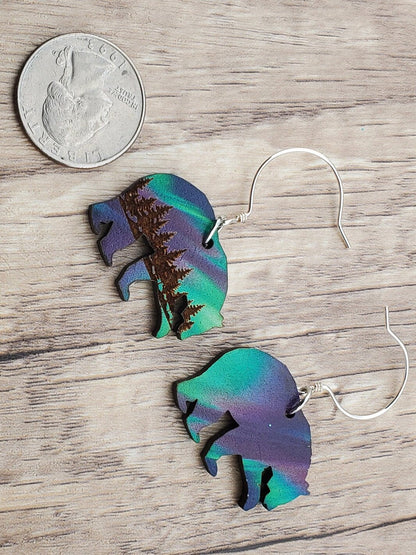 Northern Lights Polar Bear - Laser cut Lightweight Wood earrings - Sterling Silver Hooks