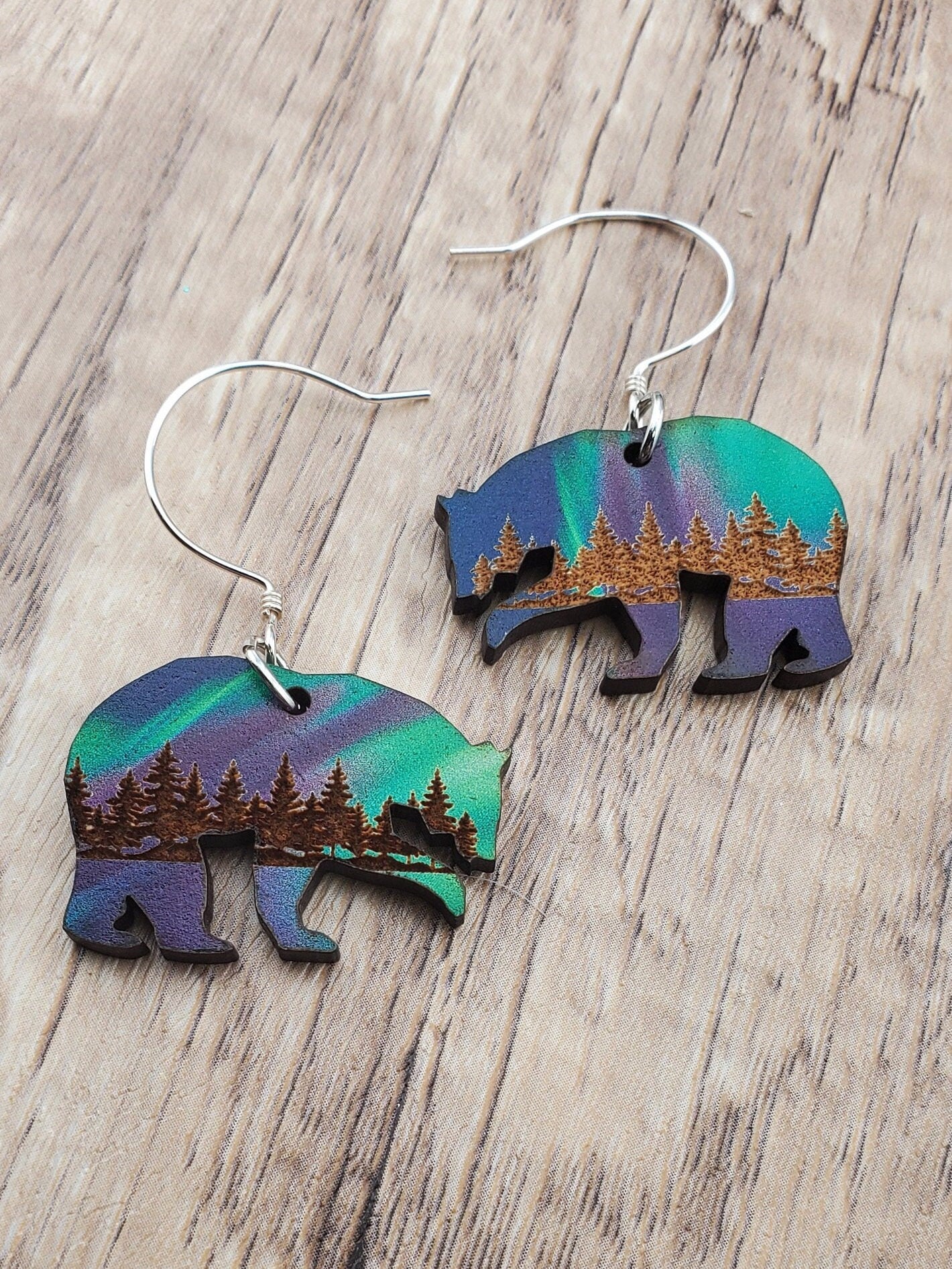 Northern Lights Polar Bear - Laser cut Lightweight Wood earrings - Sterling Silver Hooks