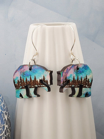 Northern Lights Polar Bear - Laser cut Lightweight Wood earrings - Sterling Silver Hooks