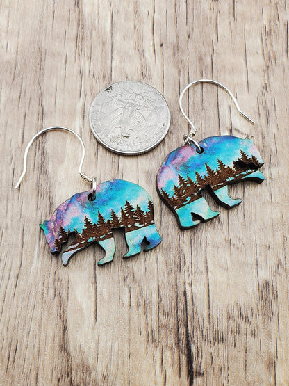 Northern Lights Polar Bear - Laser cut Lightweight Wood earrings - Sterling Silver Hooks