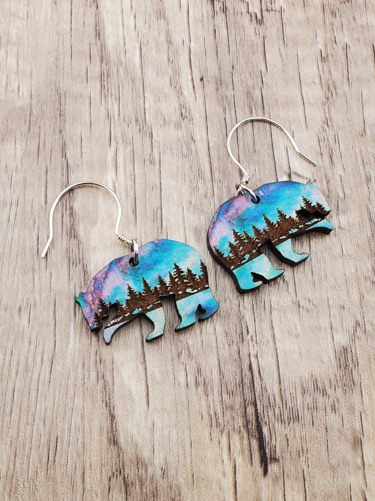 Northern Lights Polar Bear - Laser cut Lightweight Wood earrings - Sterling Silver Hooks