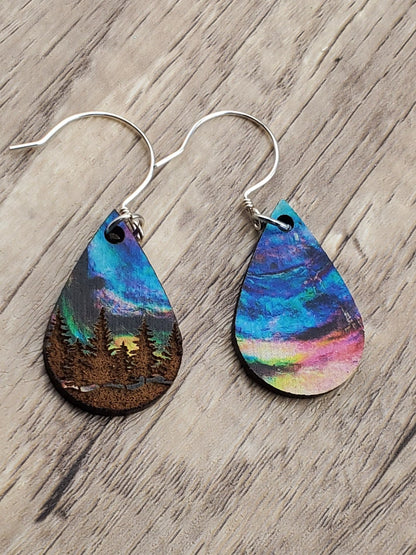 Northern Lights Forest Sky - Laser cut Lightweight Wood earrings - Sterling Silver Hooks