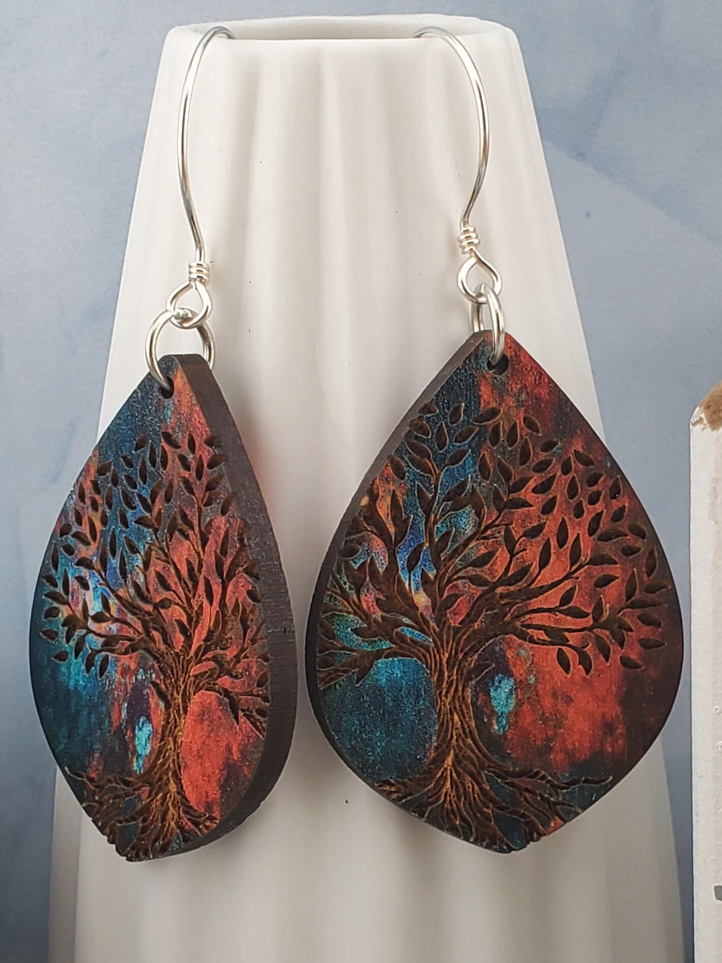 Magical Night Tree - Laser cut Lightweight Wood earrings - Sterling Silver Hooks