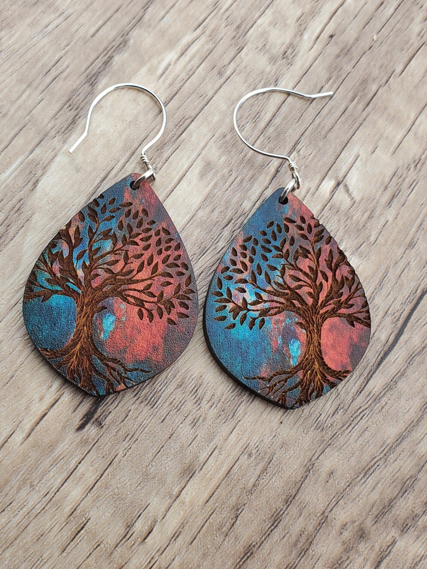 Magical Night Tree - Laser cut Lightweight Wood earrings - Sterling Silver Hooks