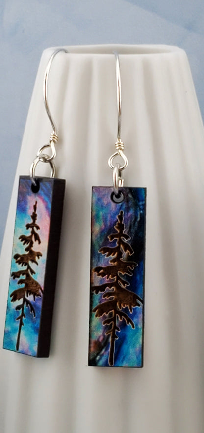 Northern Lights Forest Sky - Laser cut Lightweight Wood earrings - Sterling Silver Hooks